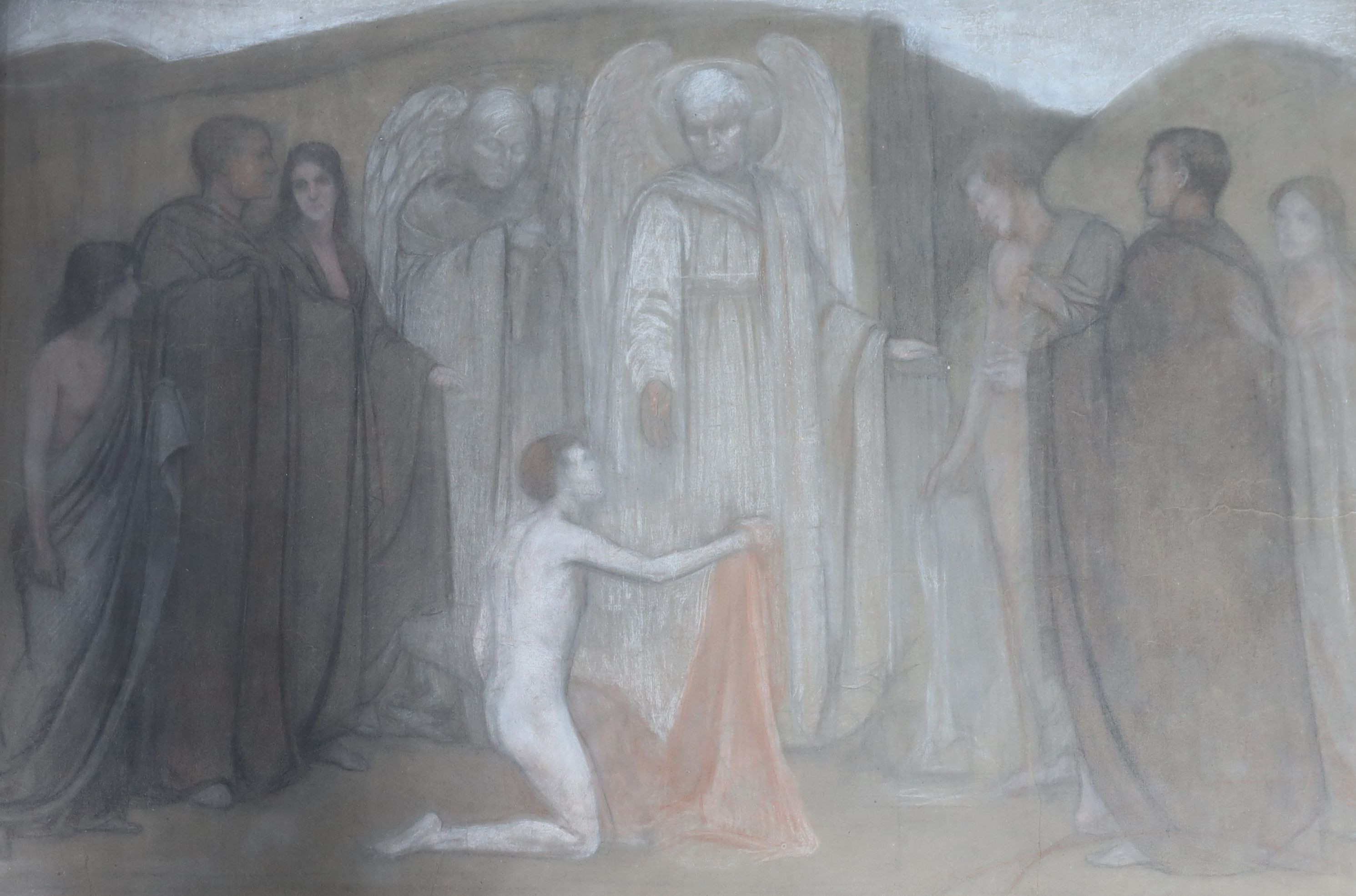 Pre-Raphaelite School , Two angels and attendant figures, conté crayon on buff paper, 82 x 122cm